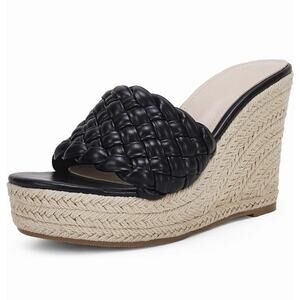 Ermonn Womens Platform Wedge Espadrilles Braided Open Toe Slip On Black SZ 8 New